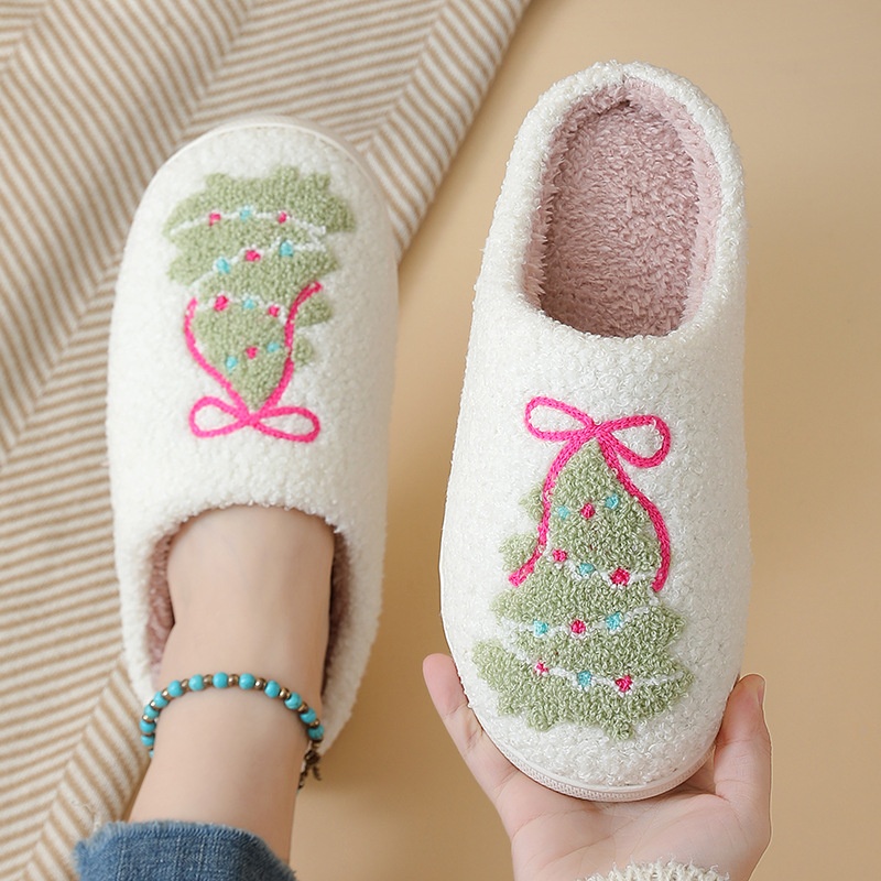 Shoe Tree - 冬のクリスマスツリー柄コットンスリッパ レディース カップル向け 冬用 可愛い漫画風 ホーム用