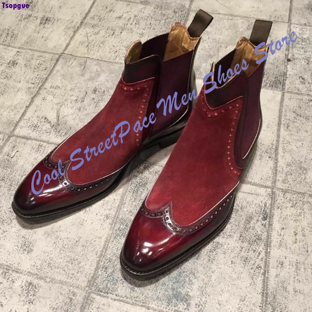 Leather Shoe Polish - メンズ ヴィンテージ レッド ツートン チェルシーブーツ スエード