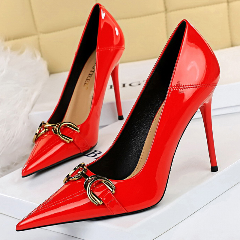 Shoe Tree - ラグジュアリーレディースパンプス メタルベルトバックル ハイヒール パテントレザー レディースヒール スティレット